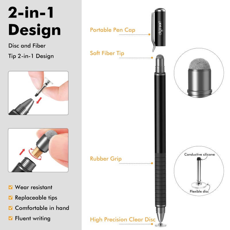 Digiroot Universal Stylus,[2-in-1] Disc Stylus Pens for All Touch Screens Cell Phones, iPad, Tablets, Laptops with 6 Replacement Tips(4 Discs, 2 Fiber Tips Included) - (Black) - Image 3